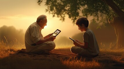 young man patiently guiding an older man in using a smartphone, set in a minimalist interior with light colors, symbolizing the harmonious bridge between generations through technology.