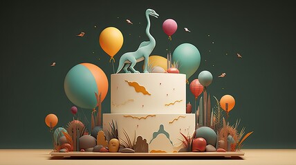 a stunning dinosaur-themed birthday cake adorned with toys, set in a light-colored, minimalist...