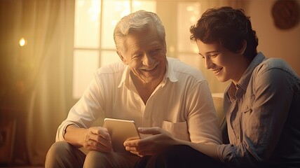 young man patiently guiding an older man in using a smartphone, set in a minimalist interior with light colors, symbolizing the harmonious bridge between generations through technology.