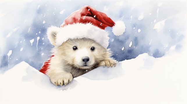  a watercolor painting of a polar bear wearing a santa hat.  generative ai