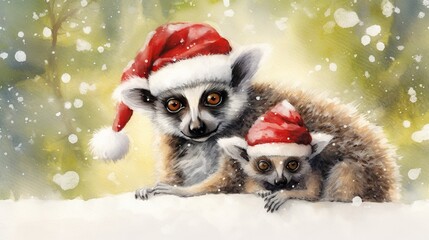 Fototapeta na wymiar a painting of a couple of animals wearing santa's hats. generative ai