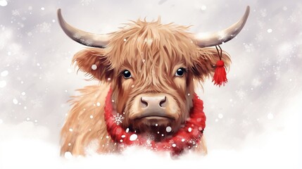 a painting of a cow wearing a scarf and a red scarf around its neck.  generative ai