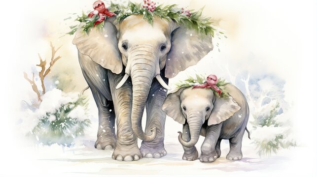  a painting of two elephants with flowers on their heads and tusks.  generative ai