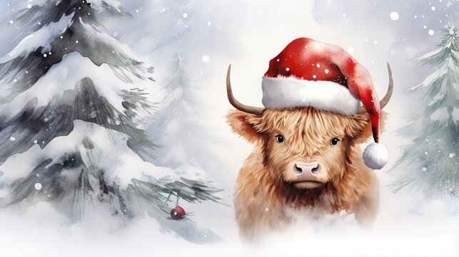  a painting of a highland cow wearing a santa claus hat.  generative ai