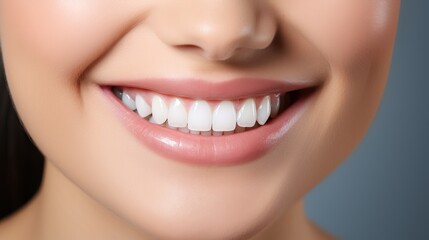 Fototapeta premium Beautiful young happy female smile after teeth whitening procedure. Dental care and dentistry concept.