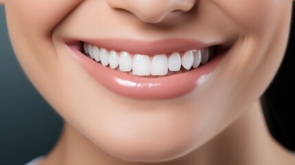 Obraz premium Beautiful young happy female smile after teeth whitening procedure. Dental care and dentistry concept.