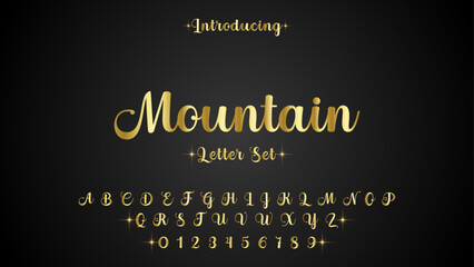 MOUNTAIN, Elegant golden alphabet letters font set. Classic Custom gold Lettering Designs for logo, movie, game. Typography serif fonts classic style, regular uppercase and number. vector illustration