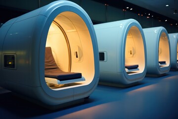 Airport sleeping pods futuristic interior design. Capsule hotel rooms. - obrazy, fototapety, plakaty