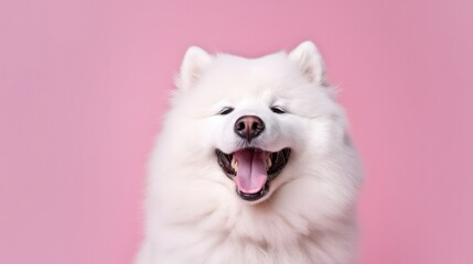 Portrait of Furry Samoyed Dog isolated on Pink background. 