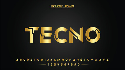 TECNO, Elegant golden alphabet letters font set. Classic Custom gold Lettering Designs for logo, movie, game. Typography serif fonts classic style, regular uppercase and number. vector illustration