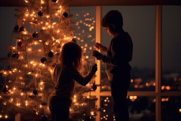silhouettes of kids decorating Christmas tree at night with lights glowing
