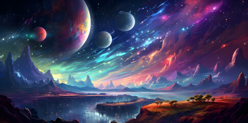 Cosmo Space colorful poster illustration. Hand drawn landscape