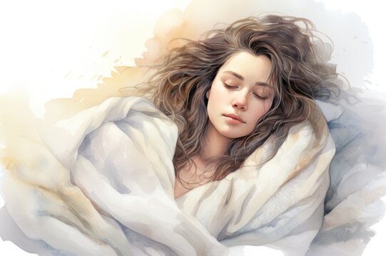 Beautiful sleeping woman in white blanket watercolor illustration. Sleep and insomnia problems. Peace of mind. Mindfulness and mental health awareness. 