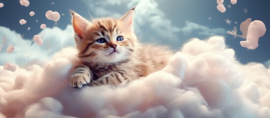 Abstract artistic concept featuring surreal animal theme and imaginative design incorporating contemporary art collage of cute cats resting on fluffy clouds with one cat floating in a bubbl