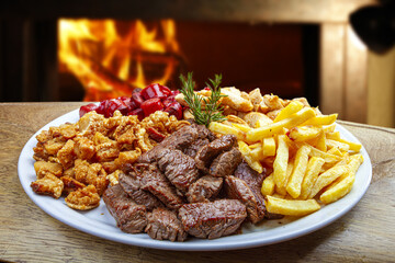 Snacks with fries, crackers, meat, pork, sausage