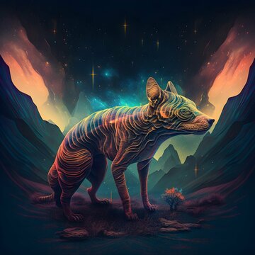 Trippy album cover with Thylacinus cynocephalus long snout short ears colorful atmosphere magical fairytale atmosphere 