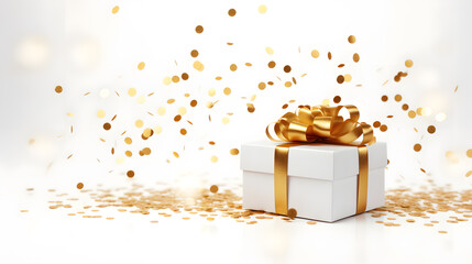 Gold bow gift box on white background