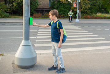 the boy presses the traffic light button, stands in front of the pedestrian crossing, is about to...