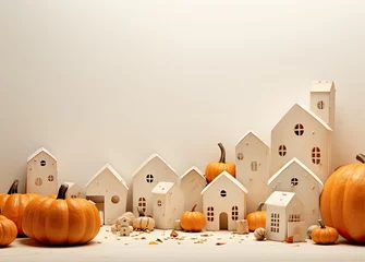  Fall decor with cozy pumpkins and decorative houses. Thanksgiving and Halloween concept. © lililia