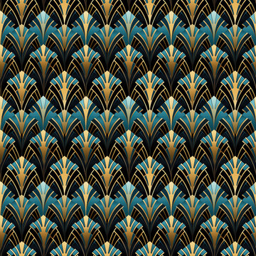Art Deco seamless pattern. Gold and blue, teal on black background. Repetitive geometrical shape and line for a vintage tile.