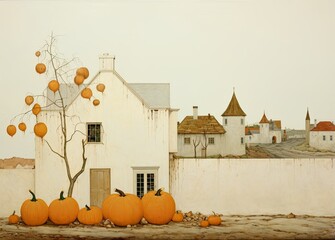 Fall decor with cozy pumpkins and decorative houses. Thanksgiving and Halloween concept.