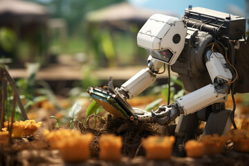 Modern robot expertly harvests vegetables, managing crops with advanced precision on the farm.