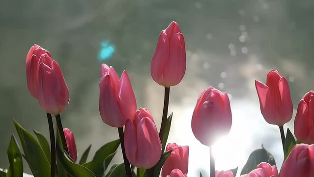 Pink tulip in lake with sunlight replaction 