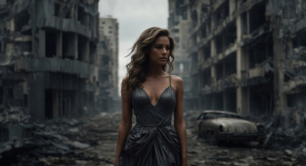 Beautiful supermodel in a gown standing in the post apocalyptic city surrounding. Chaos, disaster and post war scenery idea. With copy space.