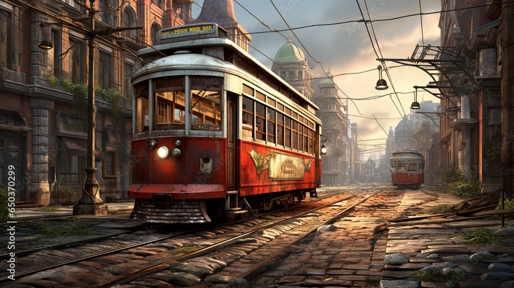 Canvas Prints  a red trolley car traveling down a street next to tall buildings.  generative ai