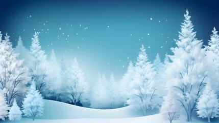 The forest covered in white snow, snowflakes drifting in the air, against a blue background. Christmas and New year greeting card design.