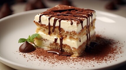 a plate of tiramisu cake, highlighting its creamy layers and coffee-soaked ladyfingers, set against a clean, white backdrop to draw attention to the dessert's exquisite details.