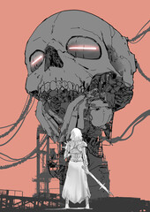woman character with a wand standing against a giant skull-shaped structure, digital art style, illustration painting