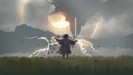 Fotobehang Grandfailure Wizard casting spell in the field, digital art style, illustration painting