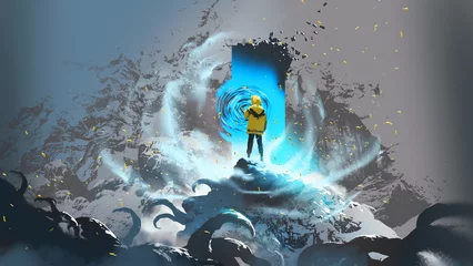 Fotobehang man in a yellow hood opening a portal on the mountaintop, digital art style, illustration painting © grandfailure