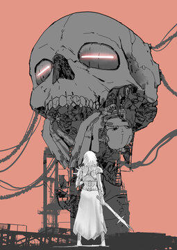 Fototapeta woman character with a wand standing against a giant skull-shaped structure, digital art style, illustration painting