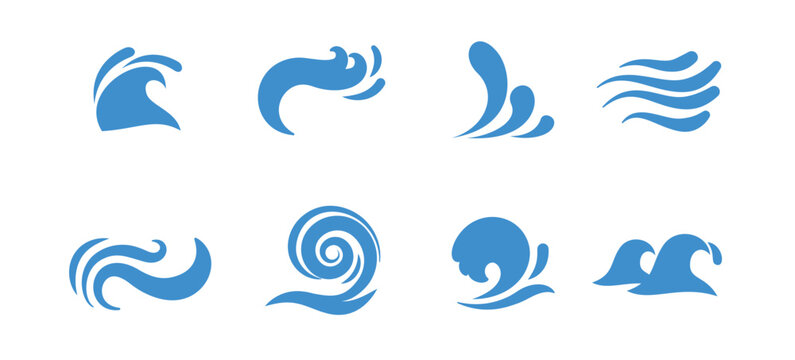 Set wave icons. water sea element, ocean liquid curve, flowing swirl storm, vector illustration