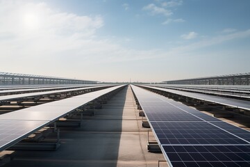 architectural photography of an large industrial solar installation, modules in straight rows | Generative AI