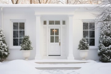 Exterior of a house entrance doorway in the suburbs in the USA during winter and snow