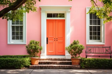Exterior of a house entrance doorway in the suburbs in the USA