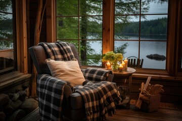 Cozy interior of a room in a wooden cabin house located on a lake