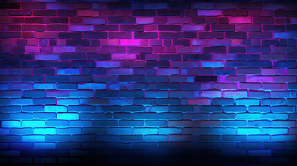 Red and blue neon lights illuminate un-plastered brick walls, creating texture.