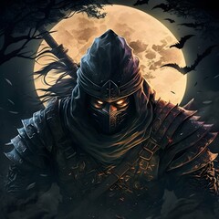 Under the moon the ninja engage in a deadly battle  - obrazy, fototapety, plakaty