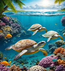 Fototapeta premium Sea turtles, turtles swimming underwater, coral, yellow fish, large turtles