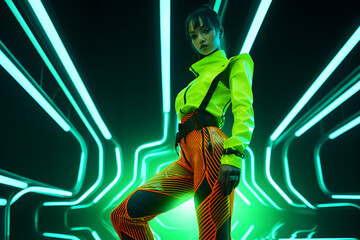 Asian woman in neon costume and neon shoes, in the style of futuristic pop, luminous color palette