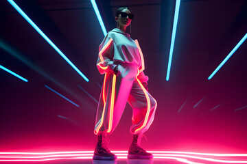 African woman in neon costume and neon shoes, in the style of futuristic pop, luminous color palette