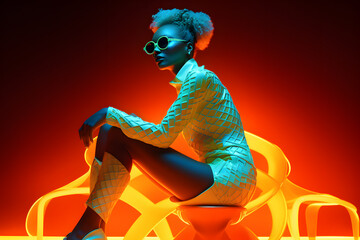 African woman in neon costume and neon shoes, in the style of futuristic pop, luminous color palette