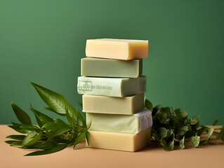 Mock up of different handmade soap bars on green background, spa organic product concept - obrazy, fototapety, plakaty