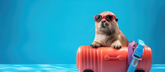 Concept of travel preparation recreation and pet hotel depicted by a cute cat with sunglasses blue suitcase flamingo rubber ring and a blue background