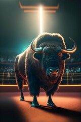 Award winning photography of a stoic bison standing on a indoor tennis court Tennis Racquet in the foreground crowd in the background blue anamorphic lens flares 8k ultra HDR photo a7iv highly  - obrazy, fototapety, plakaty