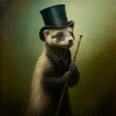 a victorian painting of a ferret holding a walking stick and wearing a tophat  - obrazy, fototapety, plakaty